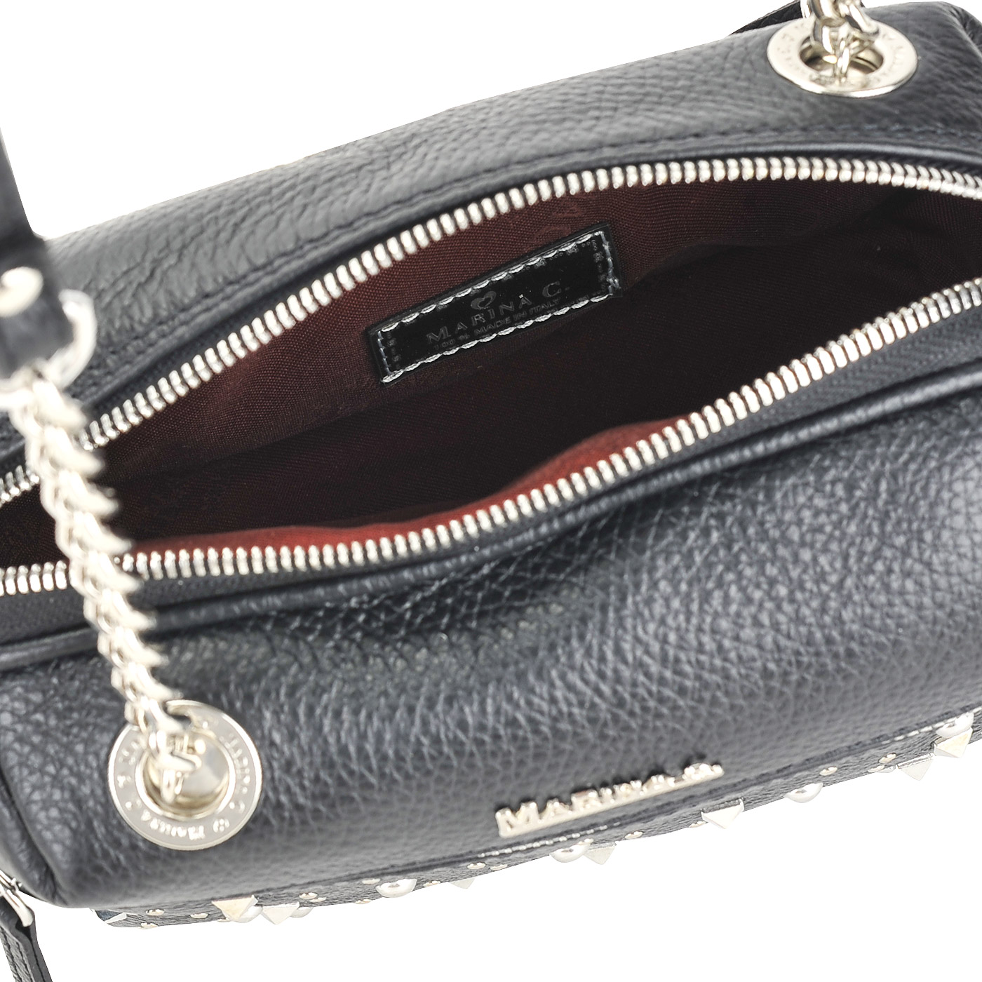 Черная кожаная сумочка через плечо с серебряными клепками Marina Creazioni 